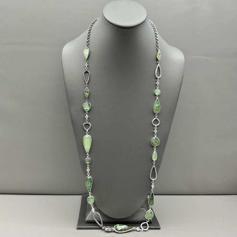 Dana Buchman Necklace Green Shell Glass Station Teardrop Silver Tone‎ 28 Inch